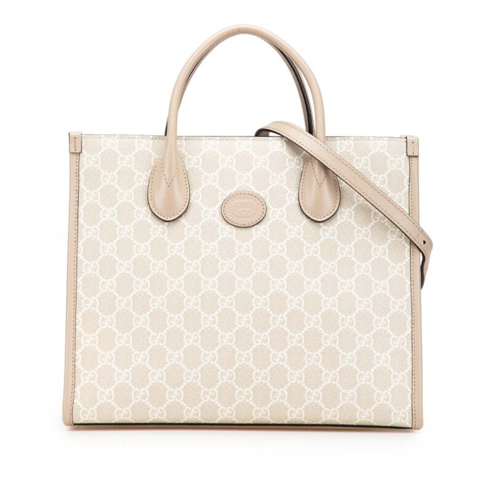 Gucci GG Supreme Tote Shoulder Bag Beige Tan White Leather